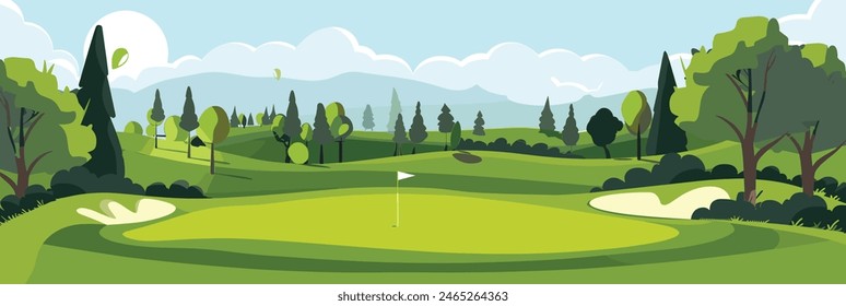 Scenic Countryside Golf Course with Flags, Lush Greens, and Sand Bunkers. Cartoon Vector Illustration. Hand drawn