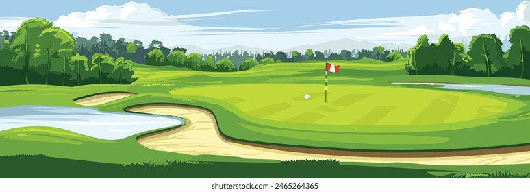 Scenic Countryside Golf Course with Flags, Lush Greens, and Sand Bunkers. Cartoon Vector Illustration. Hand drawn