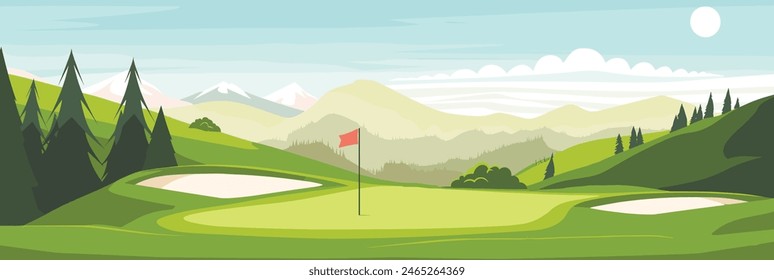 Scenic Countryside Golf Course with Flags, Lush Greens, and Sand Bunkers. Cartoon Vector Illustration. Hand drawn