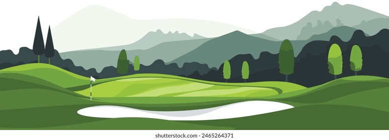 Scenic Countryside Golf Course with Flags, Lush Greens, and Sand Bunkers. Cartoon Vector Illustration. Hand drawn
