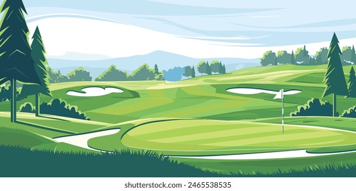 Scenic Countryside Golf Course with Flags, Lush Greens, and Sand Bunkers. Cartoon Vector Illustration. Hand drawn