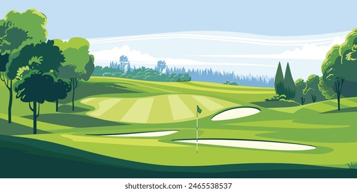 Scenic Countryside Golf Course with Flags, Lush Greens, and Sand Bunkers. Cartoon Vector Illustration. Hand drawn