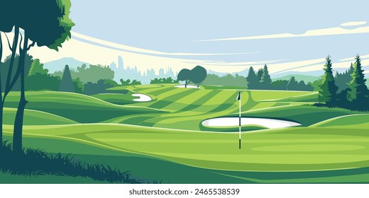 Scenic Countryside Golf Course with Flags, Lush Greens, and Sand Bunkers. Cartoon Vector Illustration. Hand drawn