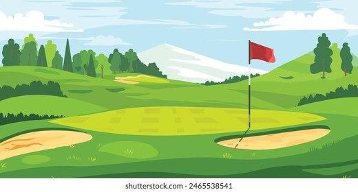 Landschaftlicher Golfplatz mit Flaggen, üppigen Grüns und Sandbunkern. In: Cartoon Vektorillustration. von Hand gezeichnet