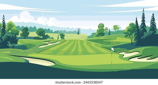 Scenic Countryside Golf Course with Flags, Lush Greens, and Sand Bunkers. Cartoon Vector Illustration. Hand drawn