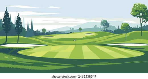 Landschaftlicher Golfplatz mit Flaggen, üppigen Grüns und Sandbunkern. In: Cartoon Vektorillustration. von Hand gezeichnet