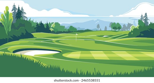 Landschaftlicher Golfplatz mit Flaggen, üppigen Grüns und Sandbunkern. In: Cartoon Vektorillustration. von Hand gezeichnet