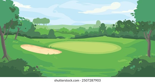 Scenic Countryside Golf Course with Flags, Lush Greens, and Sand Bunkers. Hand-drawn Cartoon Vector Illustration