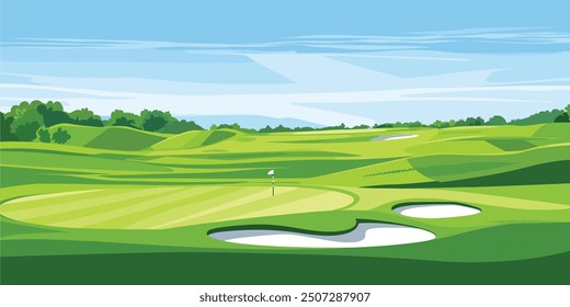 Scenic Countryside Golf Course with Flags, Lush Greens, and Sand Bunkers. Hand-drawn Cartoon Vector Illustration