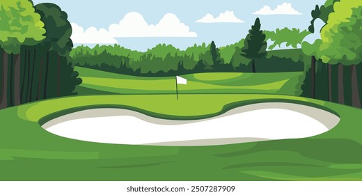 Scenic Countryside Golf Course with Flags, Lush Greens, and Sand Bunkers. Hand-drawn Cartoon Vector Illustration