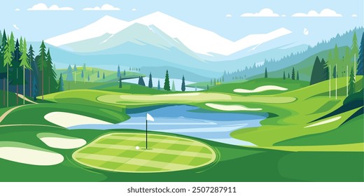 Campo de golf con banderas, exuberantes greens y bunkers de arena. Dibujado a mano Ilustración vectorial de dibujos animados