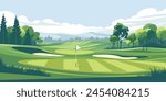 Scenic Countryside Golf Course Landscape with Flags, Greens, and Sand Bunke. Vector illustration