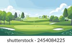 Scenic Countryside Golf Course Landscape with Flags, Greens, and Sand Bunke. Vector illustration