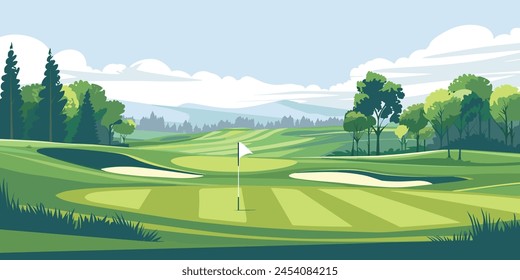 Scenic Countryside Golf Course Landscape with Flags, Greens, and Sand Bunke. Vector illustration svg
