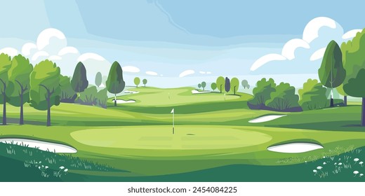 Scenic Countryside Golf Course Landscape with Flags, Greens, and Sand Bunke. Vector illustration svg