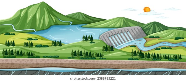 A scenic countryside panorama featuring a mountain river dam