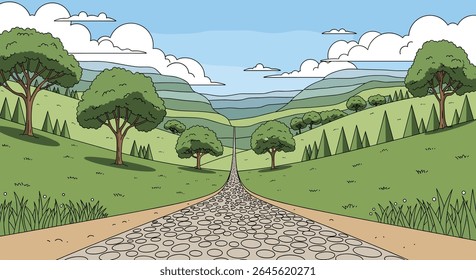 Scenic Countryside Road Leading Through Rolling Green Hills Under a Blue Sky with Clouds