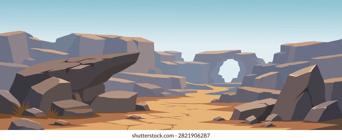 Scenic Desert Canyon Flat Vector Landscape With Natural Rock Arch And Sandy Wasteland Terrain