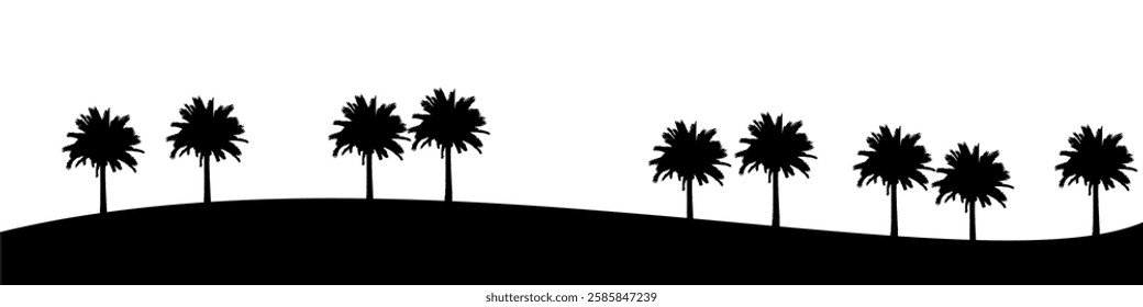 scenic desert landscape with a date palm silhouette. The minimalist vector design features warm tones, rolling sand dunes, and a peaceful sunset or sunrise, creating a tranquil and natural atmosphere.