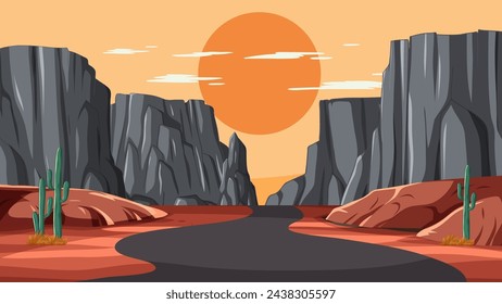 A scenic desert road with cacti and cliffs.