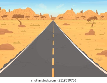 Scenic desert road flat color vector illustration. Rock formations and sparse vegetation. Desert like surroundings. Highway 2D simple cartoon landscape with high ridges on background