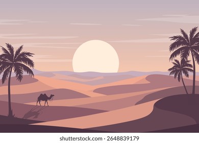 Scenic Desert Sunset with Silhouetted Camel, Rolling Sand Dunes, and Date Palm Trees. Peaceful Arabian Landscape Under Warm Evening Sky. Beautiful Nature Background Illustration