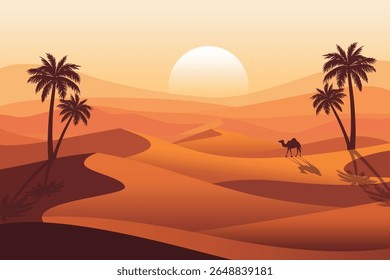 Cênico Pôr do Sol no Deserto com Camelo Silhuetado, Dunas de Areia Rolante e Palmeiras de Data. Paisagem Árabe Pacífica Sob Céu Quente À Noite. Bela ilustração de fundo da natureza