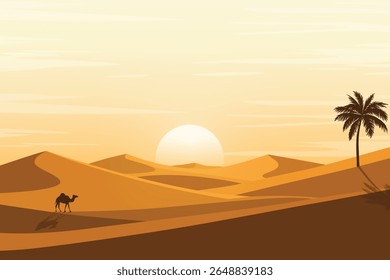 Cênico Pôr do Sol no Deserto com Camelo Silhuetado, Dunas de Areia Rolante e Palmeiras de Data. Paisagem Árabe Pacífica Sob Céu Quente À Noite. Bela ilustração de fundo da natureza