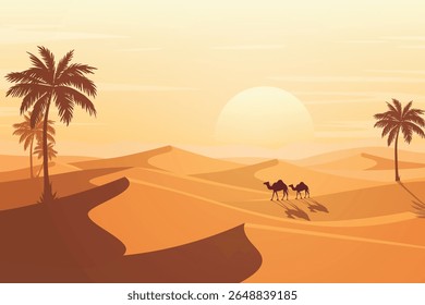 Cênico Pôr do Sol no Deserto com Camelo Silhuetado, Dunas de Areia Rolante e Palmeiras de Data. Paisagem Árabe Pacífica Sob Céu Quente À Noite. Bela ilustração de fundo da natureza