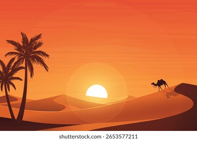 Scenic Desert Sunset with Silhouetted Camel, Rolling Sand Dunes, and Date Palm Trees. Peaceful Arabian Landscape Under Warm Evening Sky. Beautiful Nature Background Illustration