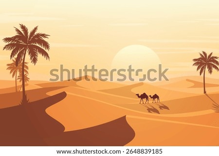 Scenic Desert Sunset with Silhouetted Camel, Rolling Sand Dunes, and Date Palm Trees. Peaceful Arabian Landscape Under Warm Evening Sky. Beautiful Nature Background Illustration