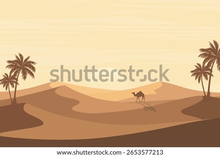 Scenic Desert Sunset with Silhouetted Camel, Rolling Sand Dunes, and Date Palm Trees. Peaceful Arabian Landscape Under Warm Evening Sky. Beautiful Nature Background Illustration