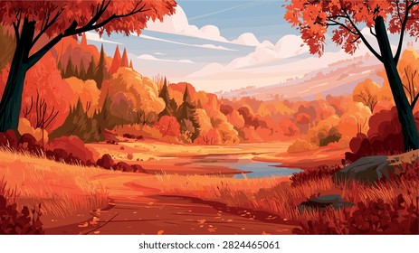Scenic Fall Forest with River and Vibrant Autumn Colors