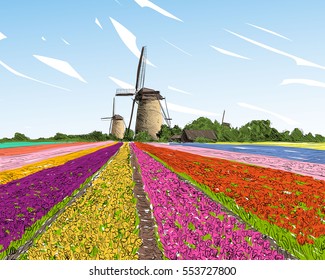 Scenic Field Of Tulips In The Background Windmills In Holland. Netherlands, Europe. Hand Drawn Vector Illustration