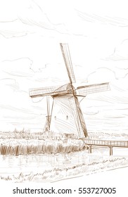 Scenic fields in the background windmills in Holland. Netherlands, Europe. Hand drawn vector illustration