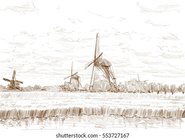 Scenic fields in the background windmills in Holland. Netherlands, Europe. Hand drawn vector illustration