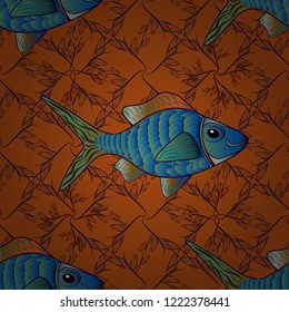 Scenic fish pattern in brown, blue and magenta colors. Stylish invitation for Valentines day, greeting card concept. Top view, soft style seamless pattern. Fish hand painted pattern, delicate template