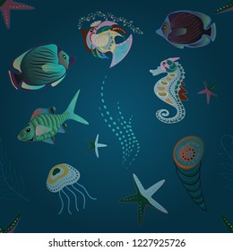 Scenic fish pattern in green, blue and pink colors. Fish hand painted pattern, delicate template. Stylish invitation for Valentines day, greeting card concept. Top view, soft style seamless pattern.