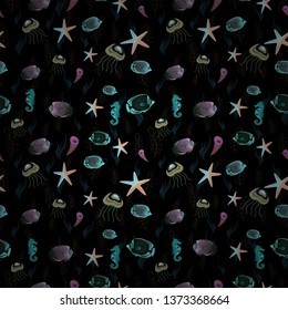 Scenic fish pattern in green, blue and black colors. Top view, soft style seamless pattern. Fish hand painted pattern, delicate template. Stylish invitation for Valentines day, greeting card concept.