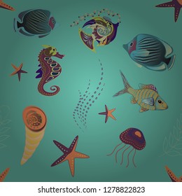 Scenic fish pattern in green, brown and blue colors. Fish hand painted pattern, delicate template. Top view, soft style seamless pattern. Stylish invitation for Valentines day, greeting card concept.