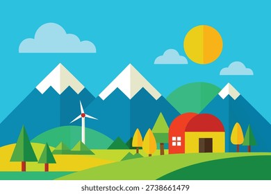 A scenic flat design portrays a house, a wind turbine, and towering snow-capped mountains, all bathed in bright sunlight.