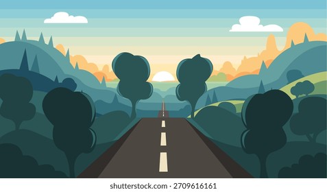 A scenic flat design vector illustration of a straight highway leading into a layered natural landscape of rolling hills and trees.