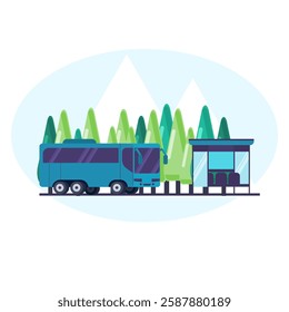 A scenic flat vector illustration features a modern bus stop nestled in a tranquil mountain landscape