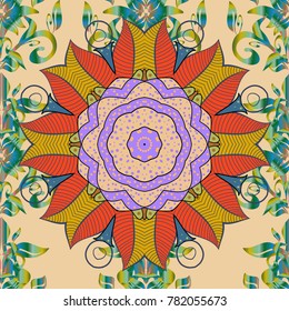 Scenic flower pattern on beige, blue and orange colors. Floral composition, hand painted, delicate template. Top view, soft style. Stylish invitation for valentines day and greeting card concept.