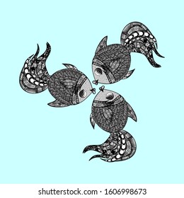 Scenic flower pattern on black, gray and neutral colors. Composition, hand painted, delicate template. Stylish invitation for valentines day and greeting card concept. Fish. Top view, soft style.