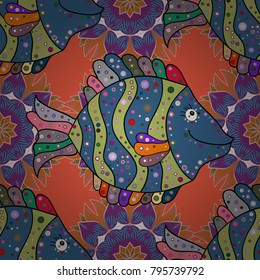 Scenic flower pattern on blue, orange, purple colors. Floral composition, hand painted, delicate template. Top view, soft style. Stylish invitation for valentines day and greeting card concept. Fish.