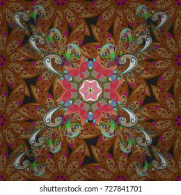 Scenic flower pattern on brown, beige and gray colors. Floral composition, hand painted, delicate template. Top view, soft color style. Stylish invitation for valentines day and greeting card concept.