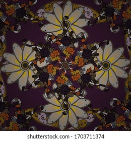 Scenic flower pattern on gray, purple and brown colors. Top view, soft style. Stylish invitation for valentines day and greeting card concept. Floral composition, hand painted, delicate template.