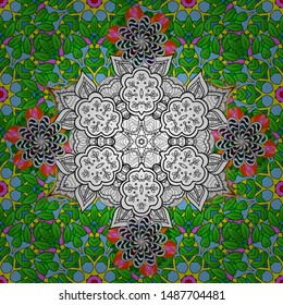 Scenic flower pattern on green, white and blue colors. Stylish invitation for valentines day and greeting card concept. Top view, soft style. Floral composition, hand painted, delicate template.