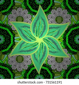 Scenic flower pattern on green, black and white colors. Floral composition, hand painted, delicate template. Top view, soft color style. Stylish invitation for valentines day and greeting card concept